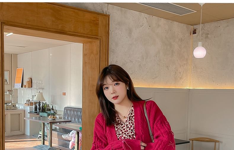 Plus Size V-Neck Button-Up Plain Cable Knit Cardigan