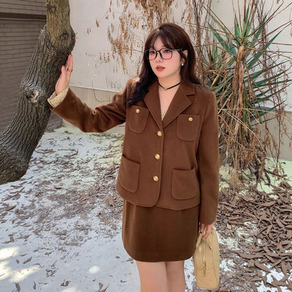 Plus Size Set: Notch Lapel Single-Breasted Plain Blazer + High Rise Mini A-Line Skirt