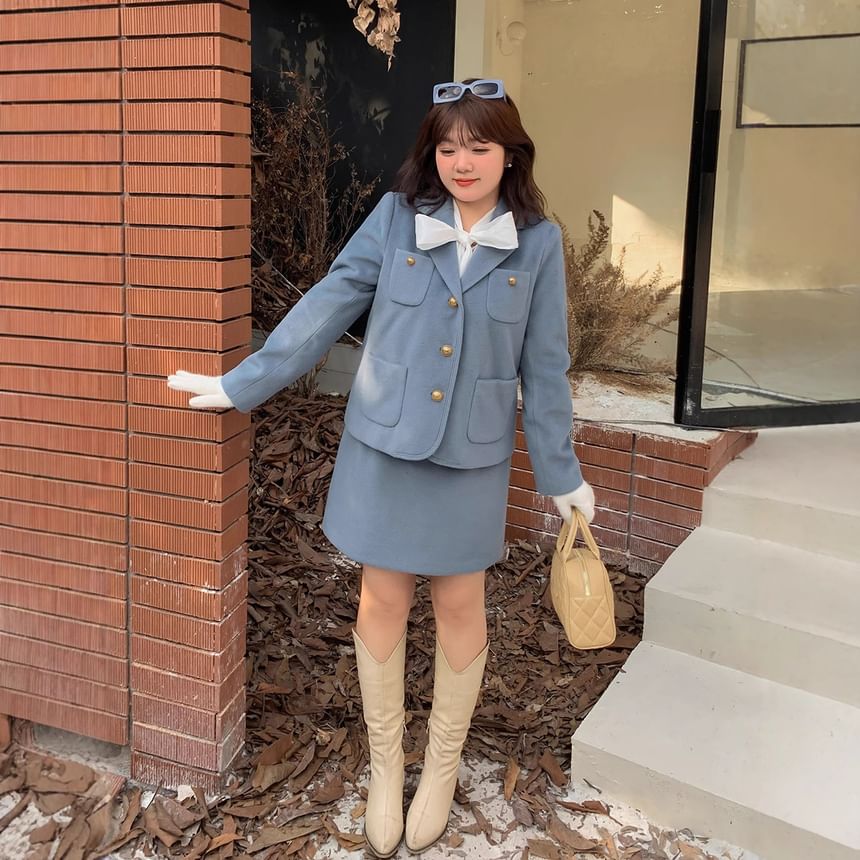 Plus Size Set: Notch Lapel Single-Breasted Plain Blazer + High Rise Mini A-Line Skirt