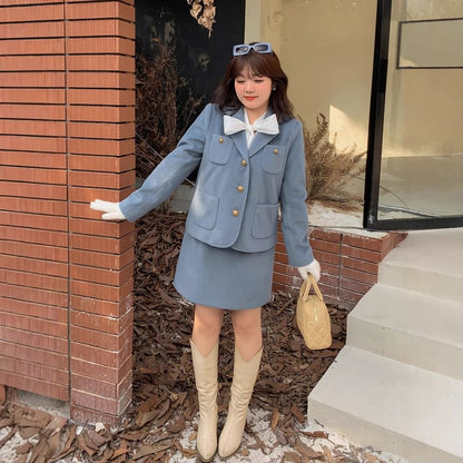 Plus Size Set: Notch Lapel Single-Breasted Plain Blazer + High Rise Mini A-Line Skirt