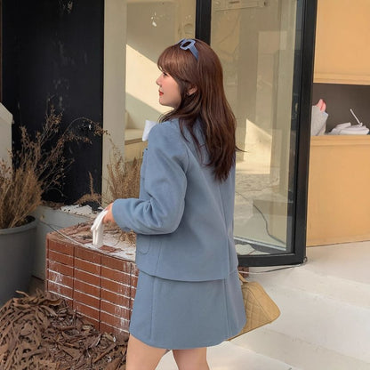 Plus Size Set: Notch Lapel Single-Breasted Plain Blazer + High Rise Mini A-Line Skirt