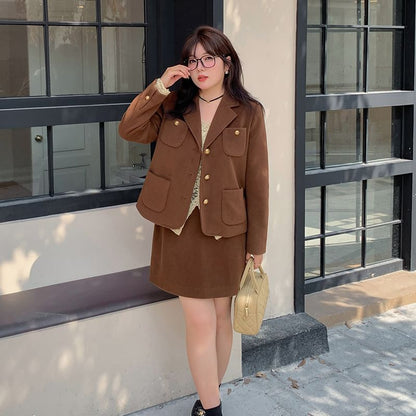 Plus Size Set: Notch Lapel Single-Breasted Plain Blazer + High Rise Mini A-Line Skirt