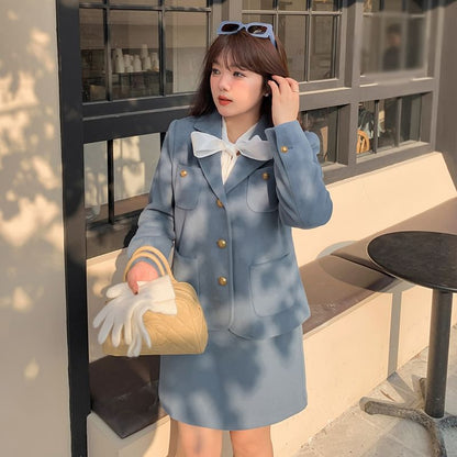 Notch Lapel Plain Blazer & High Rise Mini A-Line Skirt Set