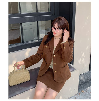 Plus Size Set: Notch Lapel Single-Breasted Plain Blazer + High Rise Mini A-Line Skirt
