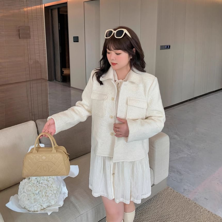 Plus Size Collared Button-Up Plain Jacket