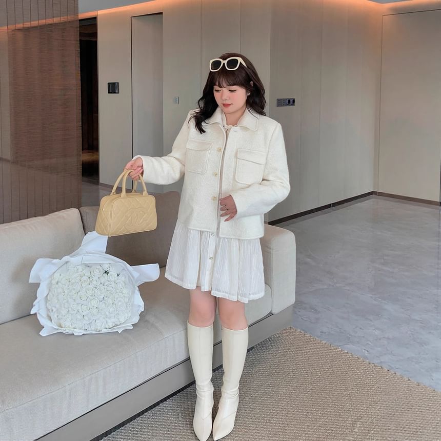 Plus Size Collared Button-Up Plain Jacket