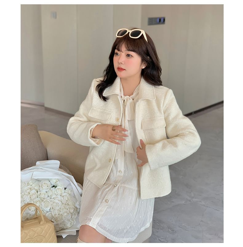 Plus Size Collared Button-Up Plain Jacket