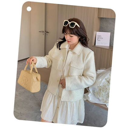 Plus Size Collared Button-Up Plain Jacket