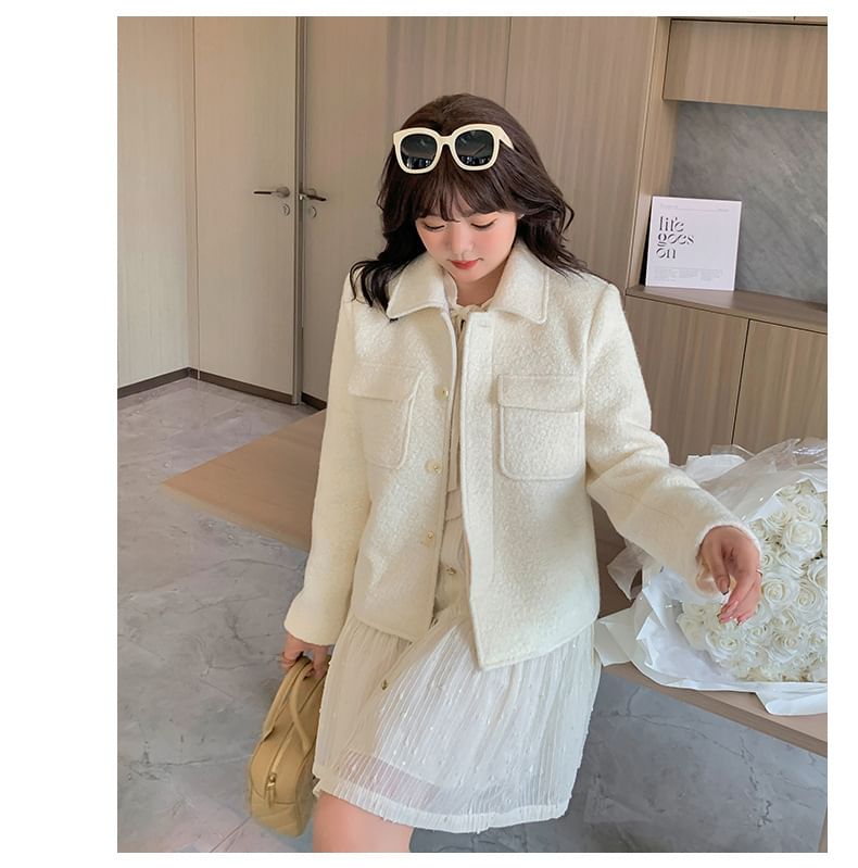 Plus Size Collared Button-Up Plain Jacket