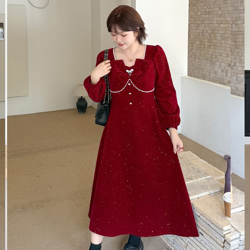 Plus Size Long-Sleeve Square Neck Glitter Faux Pearl Accent Midi A-Line Dress