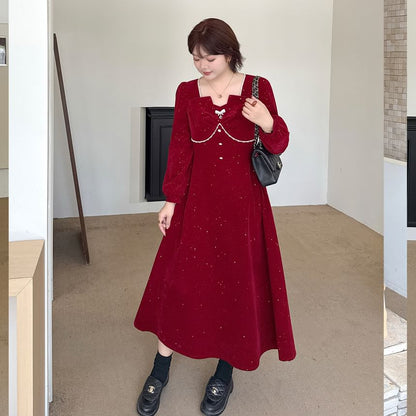 Plus Size Long-Sleeve Square Neck Glitter Faux Pearl Accent Midi A-Line Dress