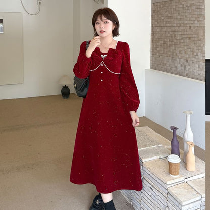 Plus Size Long-Sleeve Square Neck Glitter Faux Pearl Accent Midi A-Line Dress