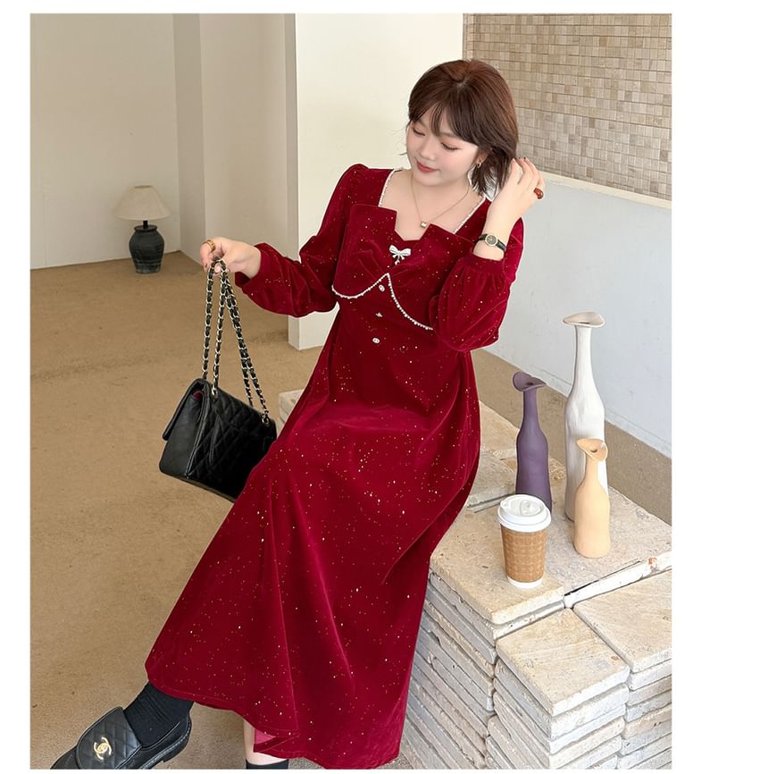 Plus Size Long-Sleeve Square Neck Glitter Faux Pearl Accent Midi A-Line Dress