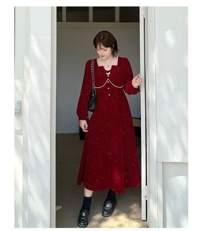 Plus Size Long-Sleeve Square Neck Glitter Faux Pearl Accent Midi A-Line Dress