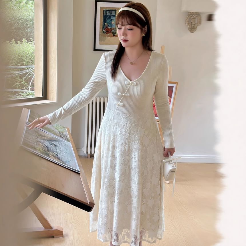 Plus Size Long-Sleeve V-Neck Lace Panel Frog Buttoned Midi A-Line Dress