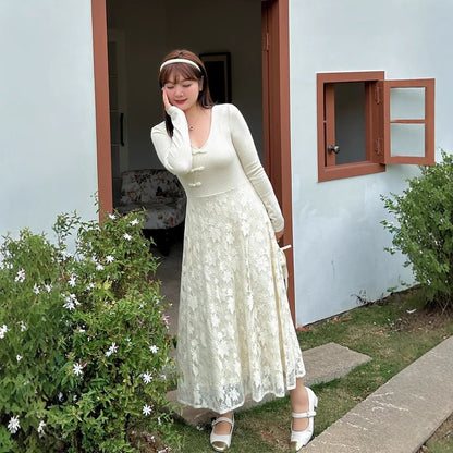 Plus Size Long-Sleeve V-Neck Lace Panel Frog Buttoned Midi A-Line Dress
