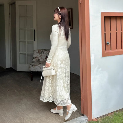 Plus Size Long-Sleeve V-Neck Lace Panel Frog Buttoned Midi A-Line Dress