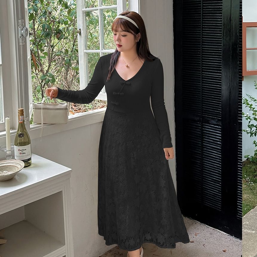 Plus Size Long-Sleeve V-Neck Lace Panel Frog Buttoned Midi A-Line Dress