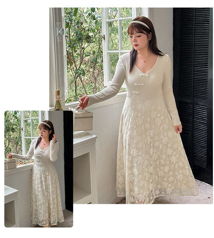 Plus Size Long-Sleeve V-Neck Lace Panel Frog Buttoned Midi A-Line Dress