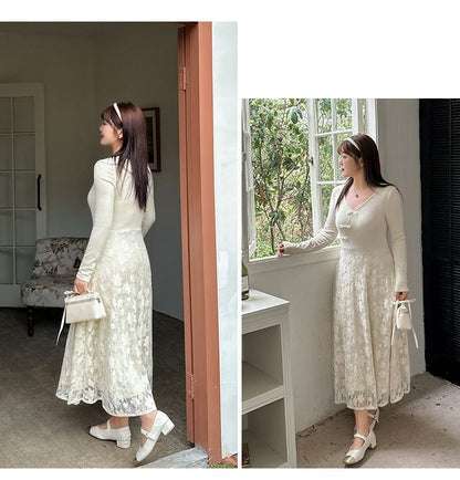 Plus Size Long-Sleeve V-Neck Lace Panel Frog Buttoned Midi A-Line Dress