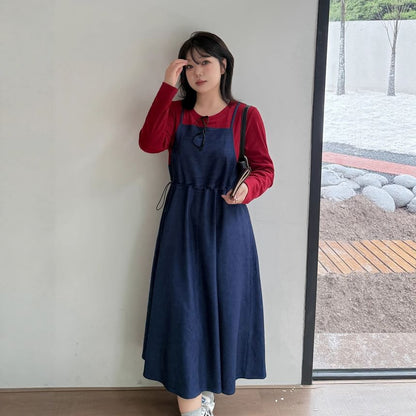 Plus Size Mock Two-Piece Long-Sleeve Crew Neck Two Tone Denim Midi A-Line Dress