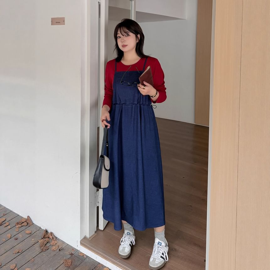 Plus Size Mock Two-Piece Long-Sleeve Crew Neck Two Tone Denim Midi A-Line Dress