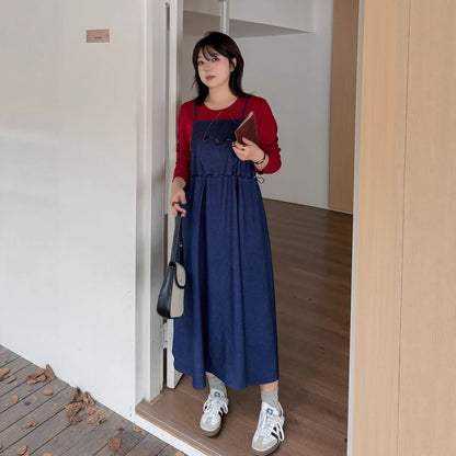 Plus Size Mock Two-Piece Long-Sleeve Crew Neck Two Tone Denim Midi A-Line Dress