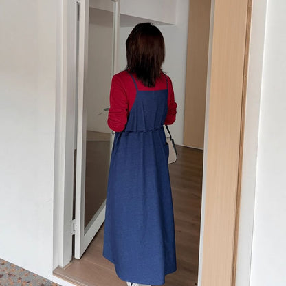 Plus Size Mock Two-Piece Long-Sleeve Crew Neck Two Tone Denim Midi A-Line Dress