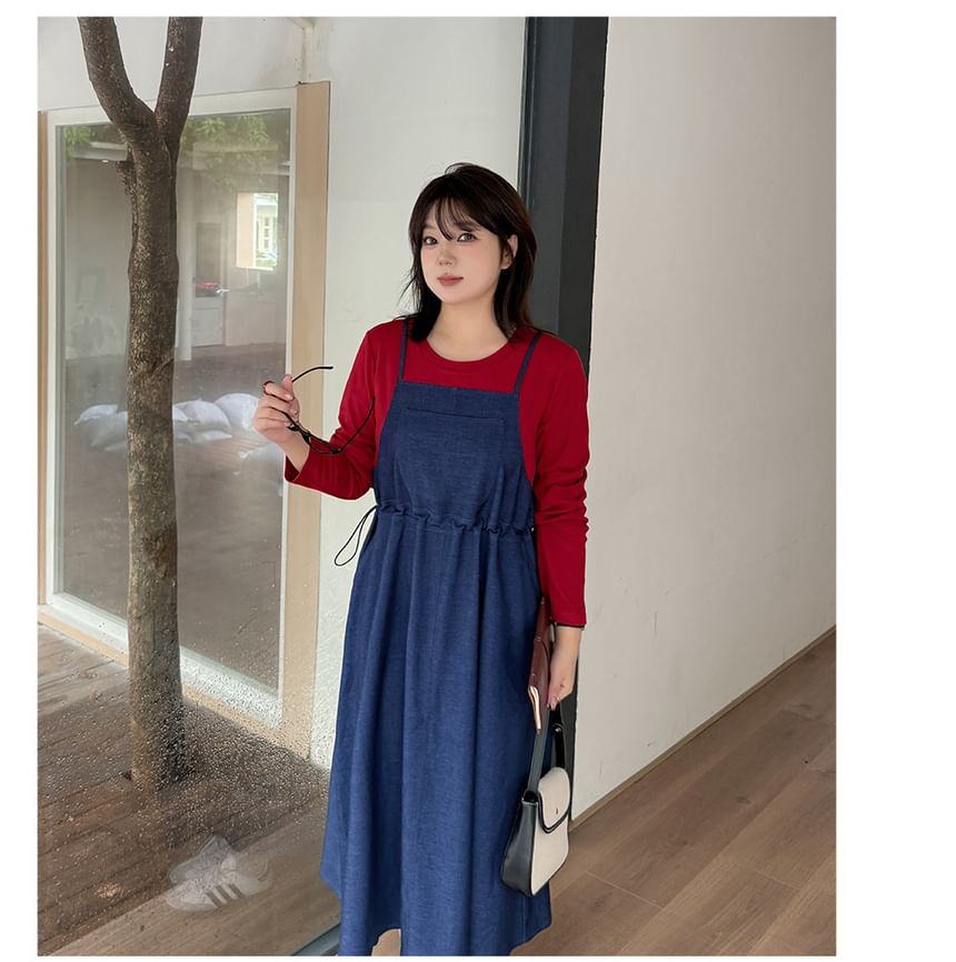 Plus Size Mock Two-Piece Long-Sleeve Crew Neck Two Tone Denim Midi A-Line Dress