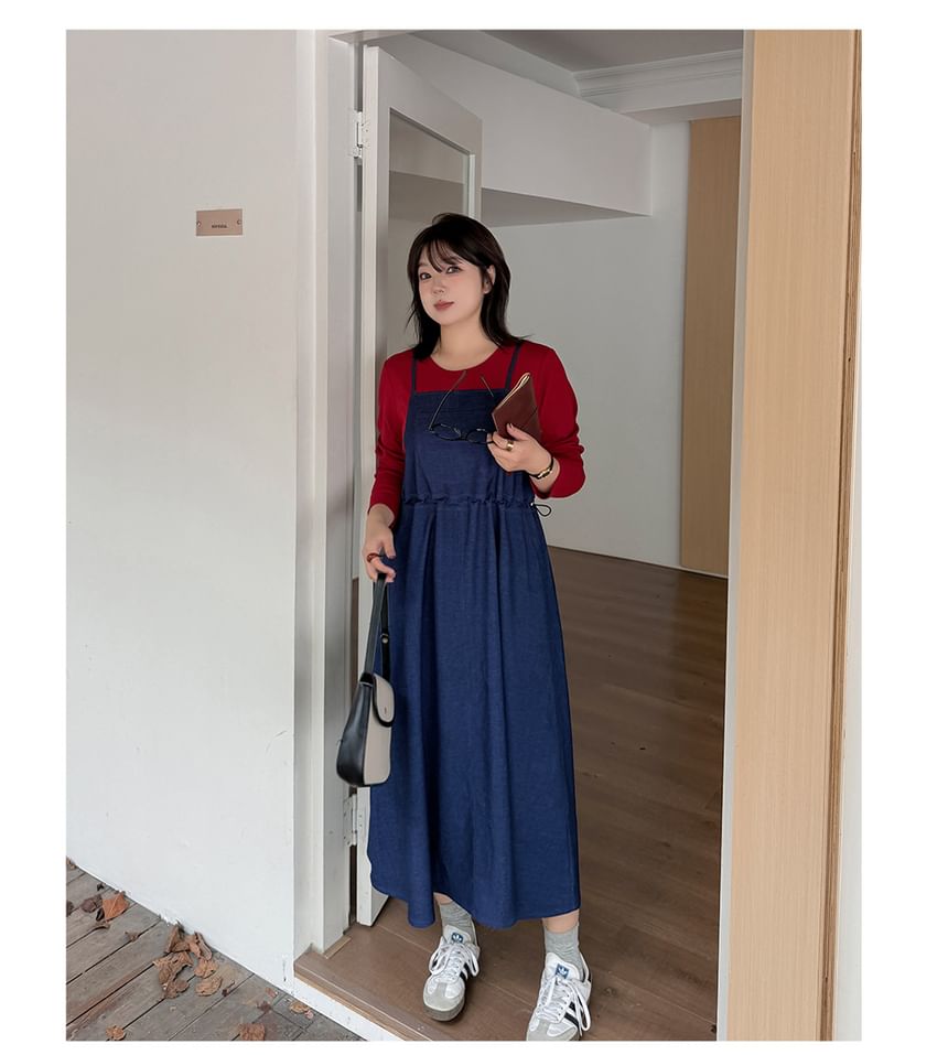 Plus Size Mock Two-Piece Long-Sleeve Crew Neck Two Tone Denim Midi A-Line Dress