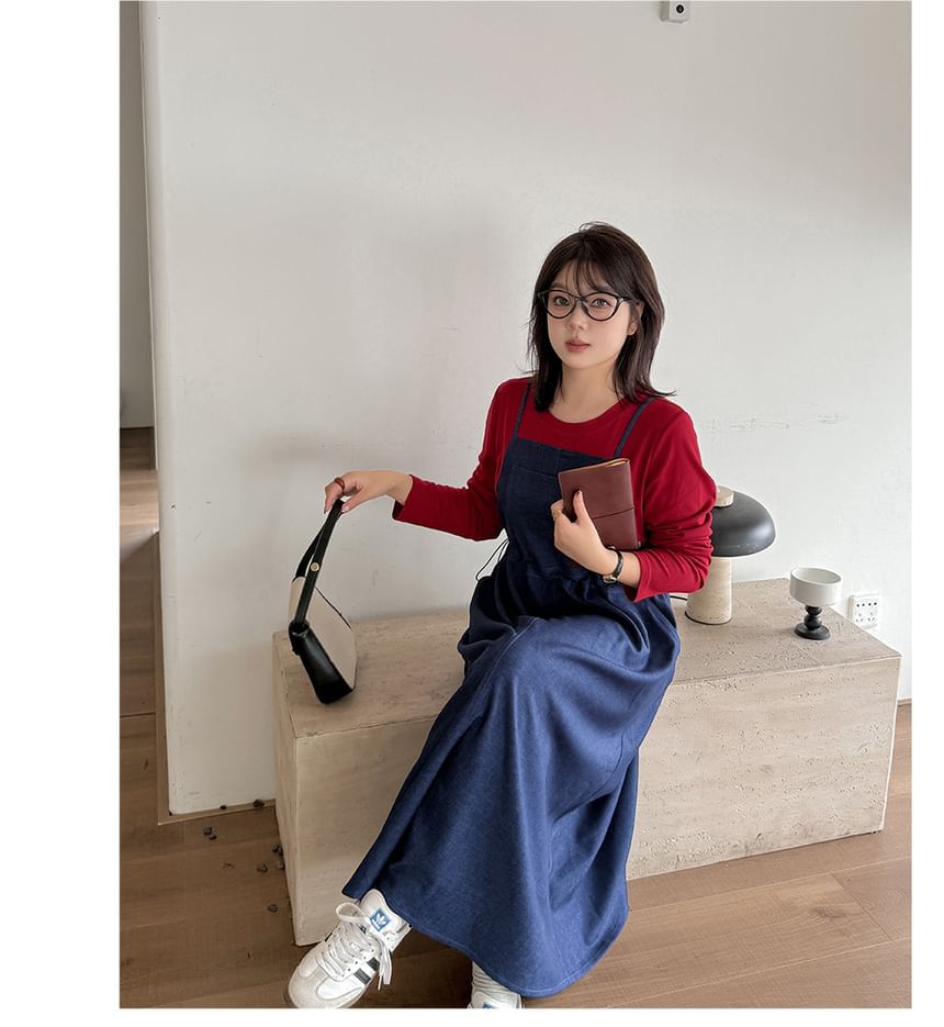 Plus Size Mock Two-Piece Long-Sleeve Crew Neck Two Tone Denim Midi A-Line Dress