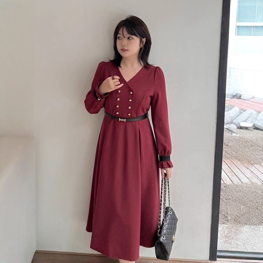 Plus Size Long-Sleeve V-Neck Contrast Trim Double-Breasted Midi A-Line Dress / Belt
