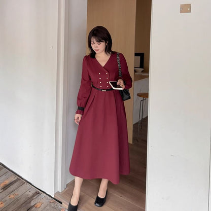 Plus Size Long-Sleeve V-Neck Contrast Trim Double-Breasted Midi A-Line Dress / Belt