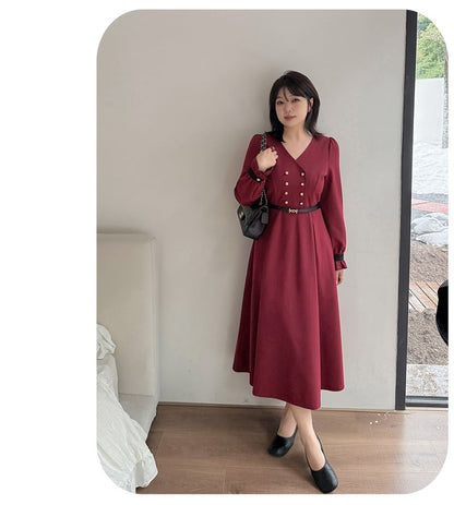 Plus Size Long-Sleeve V-Neck Contrast Trim Double-Breasted Midi A-Line Dress / Belt