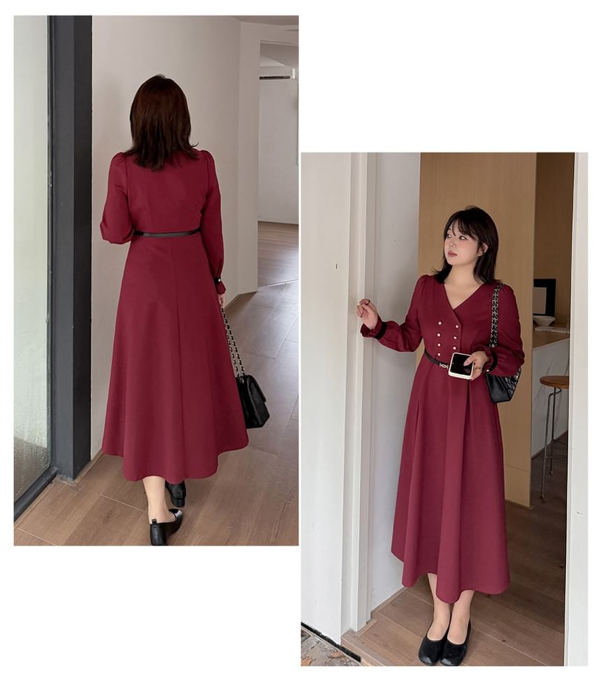 Plus Size Long-Sleeve V-Neck Contrast Trim Double-Breasted Midi A-Line Dress / Belt