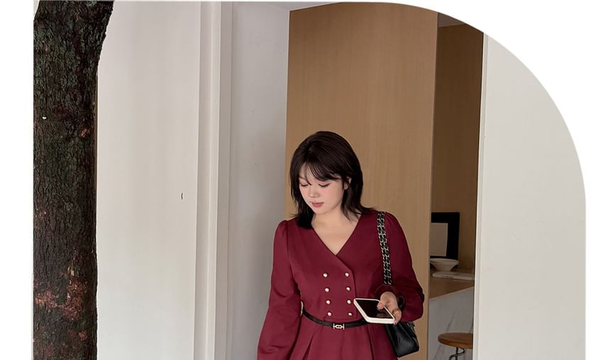 Plus Size Long-Sleeve V-Neck Contrast Trim Double-Breasted Midi A-Line Dress / Belt