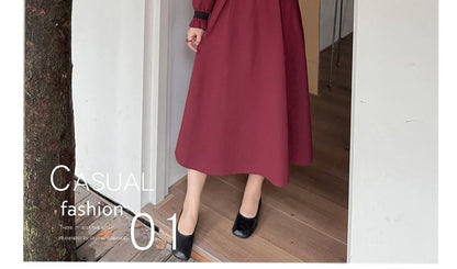 Plus Size Long-Sleeve V-Neck Contrast Trim Double-Breasted Midi A-Line Dress / Belt