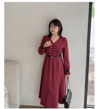 Plus Size Long-Sleeve V-Neck Contrast Trim Double-Breasted Midi A-Line Dress / Belt