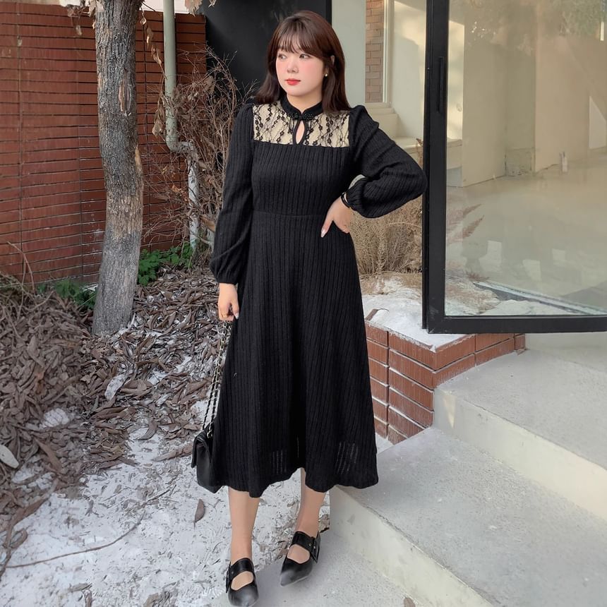 Plus Size Long-Sleeve Stand Collar Lace Panel Cutout Frog Buttoned Midi A-Line Dress