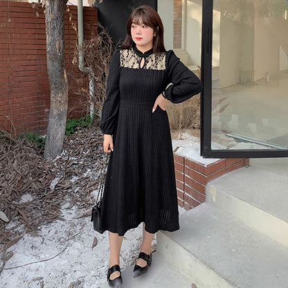 Plus Size Long-Sleeve Stand Collar Lace Panel Cutout Frog Buttoned Midi A-Line Dress