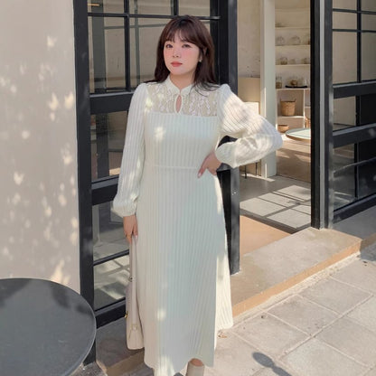 Plus Size Long-Sleeve Stand Collar Lace Panel Cutout Frog Buttoned Midi A-Line Dress