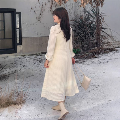 Plus Size Long-Sleeve Stand Collar Lace Panel Cutout Frog Buttoned Midi A-Line Dress