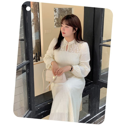 Plus Size Long-Sleeve Stand Collar Lace Panel Cutout Frog Buttoned Midi A-Line Dress