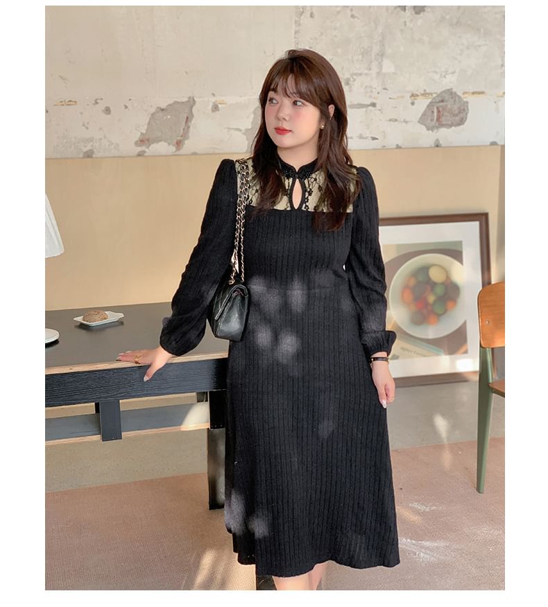 Plus Size Long-Sleeve Stand Collar Lace Panel Cutout Frog Buttoned Midi A-Line Dress