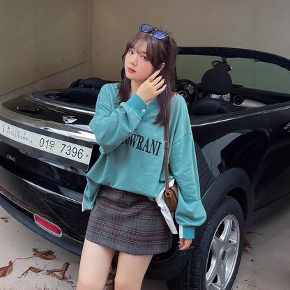 Plus Size Mock Two-Piece V-Neck Lettering Print Pullover