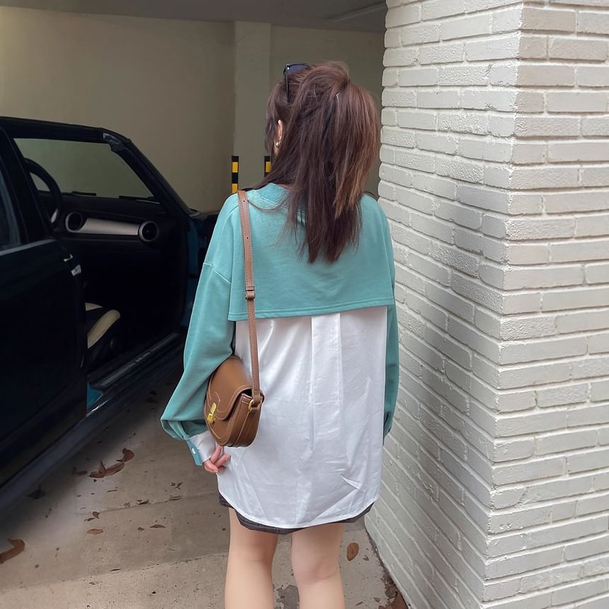 Plus Size Mock Two-Piece V-Neck Lettering Print Pullover