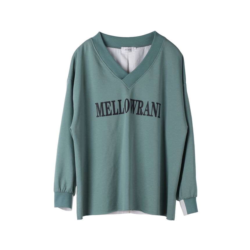 Plus Size Mock Two-Piece V-Neck Lettering Print Pullover