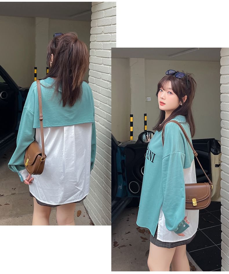 Plus Size Mock Two-Piece V-Neck Lettering Print Pullover