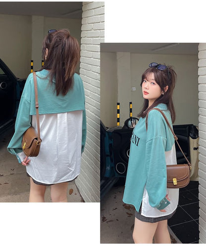 Plus Size Mock Two-Piece V-Neck Lettering Print Pullover