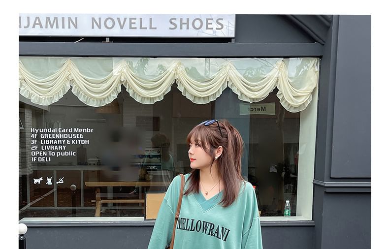 Plus Size Mock Two-Piece V-Neck Lettering Print Pullover